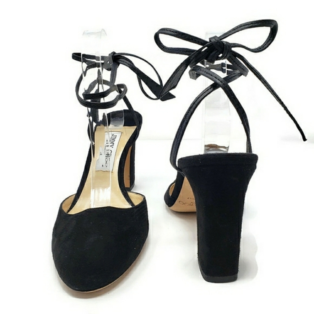 Jimmy Choo Lucia Suede 85 Black Ankle Lace Up Block Heels Round Toe Shoe Size 40